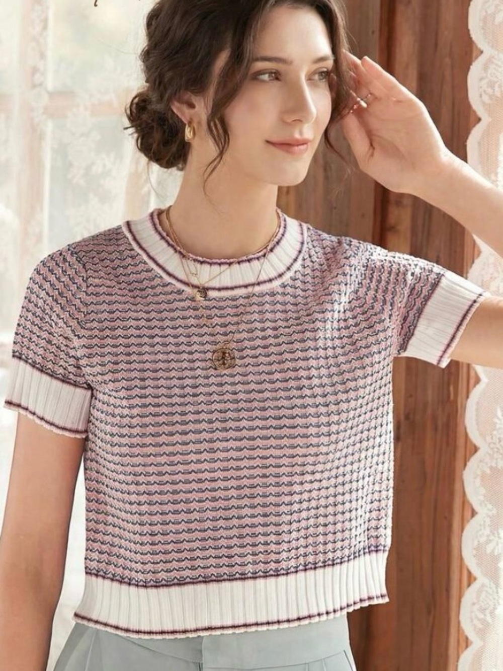 Cropped Pink, Blue and White Short-Sleeved sweater top
